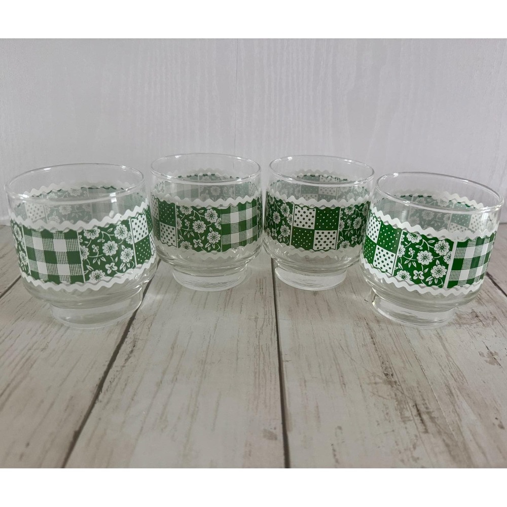 Vintage Libbey Green Quilted Check Floral Glasses Set of 4 Barware Drinkware